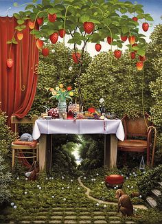 a painting of a table in the middle of a garden with strawberries on it