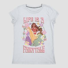 Cute and colorful, this Disney Princess 'Life is a Fairytale' Graphic T-Shirt will be your child's new go-to pick for everyday wear. The light blue pullover tee is elevated by the beautiful artwork of Disney princesses Moana, Tiana and Rapunzel within a floral wreath frame and the pink-lettered 3D-like text that reads "Life is a Fairytale." Made of midweight jersey fabric, this tagless T-shirt tailored with a loose fit that hits at the hip will help them stay comfortable during any activity. Tiana And Rapunzel, Cute Disney Shirts, Princess Life, Disney Princess Toddler, Princess Shirt, Princess Kids, Wreath Frame, 24th Birthday, Minnie Mouse Girl