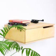 two books are sitting on top of a wooden box next to a green plant and a white wall