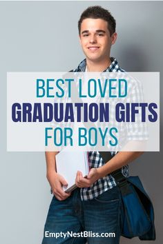 a young man holding a book with the words best loved graduation gifts for boys