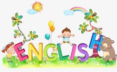 the english word is surrounded by animals and flowers, with balloons in the sky above it