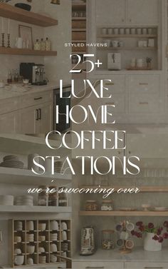 an advertisement for a coffee station with white cabinets