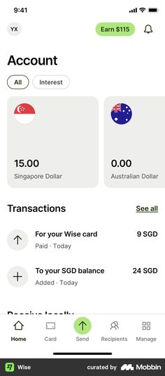 an iphone screenshot showing the balance and credit card options for different countries, including australia