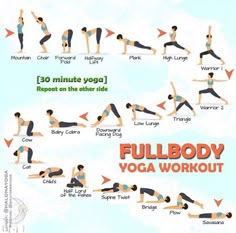 the full body yoga workout for beginners is shown in this poster, which shows how to