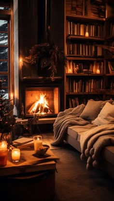 a living room with a fire place and bookshelves in the background, lit by candles