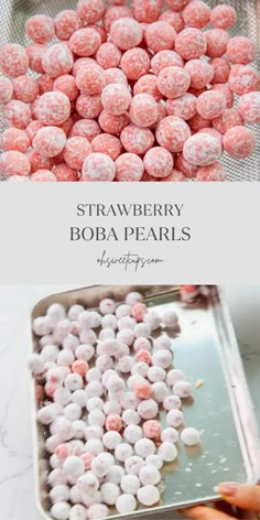 strawberry boba pearls in a metal pan and on a white marble counter top with text overlay that reads, strawberry boba pearls