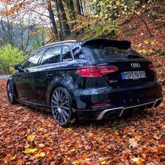 a black car parked on top of leaves in the woods