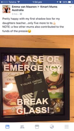 an instagramted photo with the message incase of emergency and break glass on it