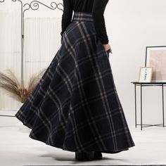 Wool Tartan Plaid Floor Length Skirt With High Waist And Pockets Plaid Maxi Skirts, Elegant Wool Full Skirt, Chic Wool Skirt For Winter, Chic Winter Wool Skirt, Wool Maxi Skirt For Workwear In Winter, Winter Wool Lined Maxi Skirt, Fitted Wool Maxi Skirt For Fall, Elegant Wool Maxi Skirt With Lined Skirt, Chic Long Wool Skirt