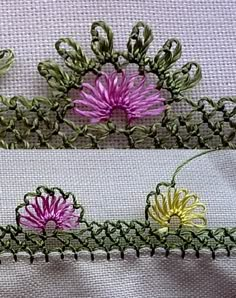 three different types of flowers on a white cloth with green and yellow trimmings