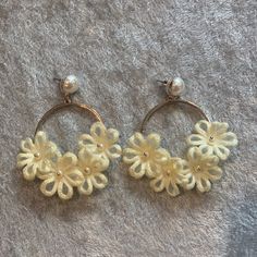 “Designs By Karen” Fabric Flower Earrings. Cream And Grey Elegant Cream Earrings For Spring, Cream Flower Earrings For Gift, Spring Handmade Flower Dangle Jewelry, Cream Jewelry As Spring Gift, Cream Jewelry Gift For Spring, Cream Jewelry For Spring Gift, Gold Round Flower Earrings For Spring, Elegant Yellow Earrings For Spring, Spring Flower Shaped Cream Jewelry