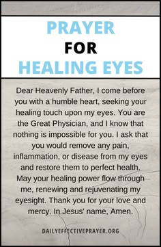 a prayer card with the words prayer for healing eyes