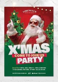 a christmas party flyer with santa clause pointing at the camera and holding up his hand