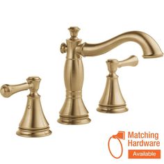 two handle bathroom faucet with matching handles in brushed brass finish, available at matching hardware