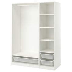 a white closet with shelves and baskets on the bottom shelf, isolated against a white background