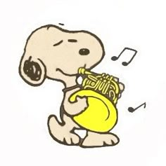 a drawing of a dog holding a yellow object with music notes around it's neck