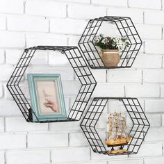 three metal hexagonal shelves with plants and pictures hanging on the wall behind them