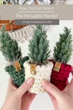 Three mini fir trees with crochet pot covers in green, off white, and red and leather Christmas themed tags attached by a screw Crochet Planter Cover, Crochet Planter, Crochet Towel Holders, Planter Cover, Crochet Xmas, Crochet Towel, Crochet Christmas Decorations, Have A Great Week