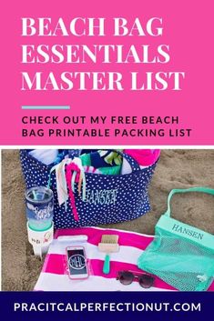 the beach bag essentials master list is shown in pink, blue and white with text overlay