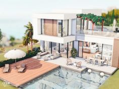 this is an artist's rendering of a modern house with pool and outdoor furniture