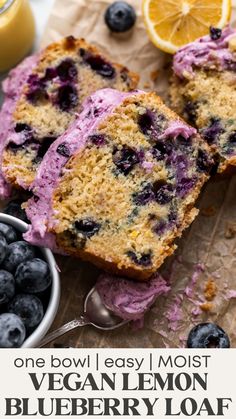 the blueberry loaf is cut in half and ready to be eaten