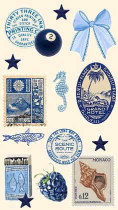 Blue Collage, Desain Buklet, Scrapbook Printing, Scrapbook Stickers Printable, Picture Collage, Aesthetic Stickers