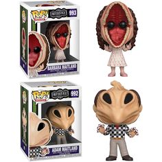 two funky pop vinyl figures, one with an open mouth and the other wearing a checkered shirt