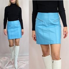 "True vintage dated late 90s/ early 00s real leather mini skirt by Cache. 100% genuine leather of high quality, very soft. Skirt features back zip closure and matching satin blue lining, the zippers in the front are just decorative. Tailored perfectly, truly superb overall quality. Skirt is in excellent condition, no flaws were found, beautifully preserved. It is all about the colour here, this shade of pastel baby blue is adorable. Woollen boa shawl (photo 9) that compliments it really well is Trendy Fitted Mini Skirt With Side Zipper, Blue Y2k Mini Skirt, Chic Fitted Light Blue Mini Skirt, Fitted Mini Skirt With Zip Fly, Spring Mini Skirt With Zip Fly, Pastel Mini, Mini Skirt Party, Soft Skirt, The Nanny