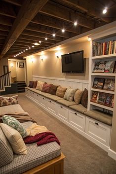 Walkout Basement Layout Ideas, Basement Cozy Family Room, Cottagecore Basement, Basement Built In Storage, Basement Hangout Ideas, Modern Rustic Basement, Couch Basement, Dream Basement Ideas, Small Basement Ideas Cozy