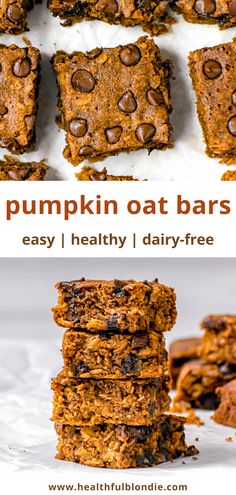 pumpkin oat bars are stacked on top of each other with chocolate chips in the middle