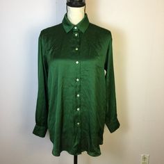 Nwt Zara Blouse Top Shirt Sz S Womans Emerald Green Satin Long Sleeve Button Up *Measurements Is Done With The Item Laying Down Flat Bust: 20.5" Waist: 21" Length: 28" *Condition: New With Tags - Will Be Packaged With Care And Shipped With 2 Days - Ships From A Smoke Free Home Elegant Green Blouse With Spread Collar, Green Button-up Blouse For Office, Green Office Tops With Button Closure, Office Button-up Blouse With Snap Buttons, Green Blouse With Button Cuffs And Spread Collar, Spread Collar Blouse With Back Button Closure, Solid Color Blouse With Spread Collar And Button Closure, Green Long Sleeve Tops With Buttons, Classic Solid Tops With Button Closure