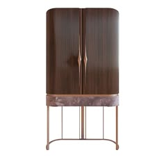 a brown cabinet with two doors and metal legs