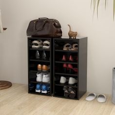 a shoe rack with several pairs of shoes in it