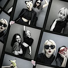 a collage of photos with two women wearing sunglasses and one holding a heart shaped object