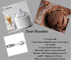 chocolate ice cream in a white bowl with spoons next to it and an advertisement for dark chocolate