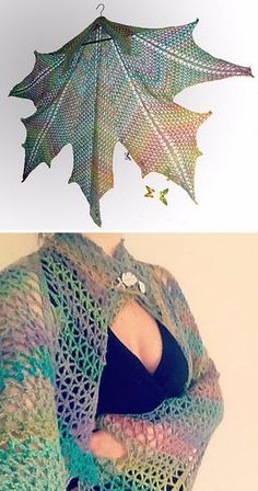 two pictures one with a knitted leaf and the other with crochet leaves