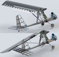 two different views of an airplane with wheels and wings on each side, one showing the cockpit