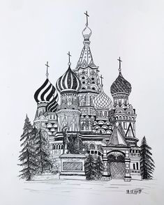 a black and white drawing of a church with domes on it's steeple