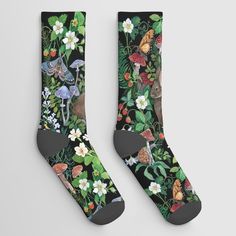 Our socks help you express your personality all the way down to your toes. The seamless design and unique printing process means your favorite design will appear in vivid color without any base color peeking through. Plus, they are made from a soft cotton/poly blend for stretch and comfort--one size fits most. Available in one, two or three pair sets.  Keywords: Flower, Plant, Botany, Rabbit, Organism, Painting, Terrestrial plant, Petal, Adaptation, Groundcover, Art, Grass, Illustration, Floweri Clara Mcallister, Neutral Socks, Grass Illustration, Texture Socks, Strawberry Garden, Heart Socks, Cat Socks, Rabbit Art, Black Socks