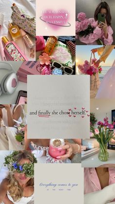 a collage of photos with pink flowers and text on them that says, and finally she chose herself