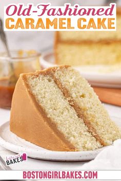 A slice of Old-Fashioned caramel cake sits invitingly on a plate, its two layers enveloped in homemade caramel icing. Behind it, a jar of rich caramel sauce hints at more indulgence. The remaining cake waits on another plate, while a fork rests expectantly beside the vanilla delight. Southern Caramel Cake, Caramel Cake Recipe, Dessert Christmas, Southern Cake, Salted Caramel Cake, Caramel Icing, Southern Desserts, Cake Recipes From Scratch, Vanilla Cake Recipe