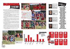 a brochure with pictures of people in red and black running on the field