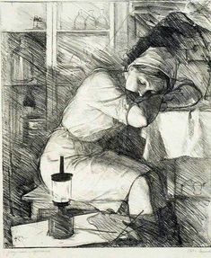 a black and white drawing of a woman sitting on a bed next to a cup