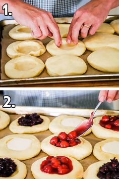 two pictures showing how to make cherry shortbreads and the process is shown here