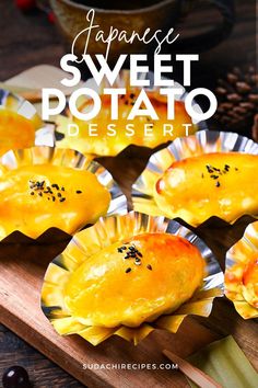 Miniature Japanese Sweet Potato "desserts" in foil cases on a wooden chopping board topped with black sesame seeds. Sweet Potato Butter, Sweet Potato Dessert, Japanese Dessert Recipes, Japanese Sweet Potato, Blue Zone, Allergy Free Recipes, Japanese Sweet, Japanese Dessert, Sweet Potato Recipes