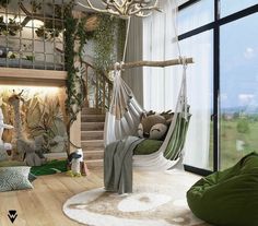 a living room filled with lots of furniture next to a large open window covered in greenery