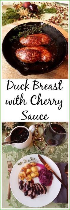 duck breast with cherry sauce in a cast iron skillet