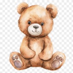 a brown teddy bear sitting down with its paws on it's chest, looking at the