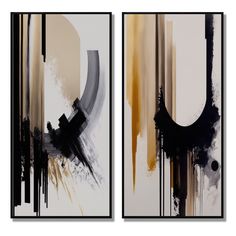 two paintings with black and gold paint on them