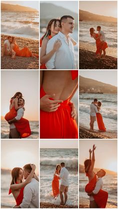 a collage of photos with people on the beach